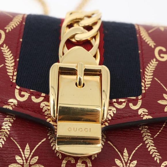 GUCCI GG Canvas Sylvie Sherry Line Chain Bag Leather Red 494646 Auth BAZ806A