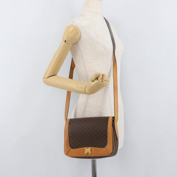 CELINE Macadam Canvas Shoulder Bag PVC Leather Brown Gold Auth BAZ855