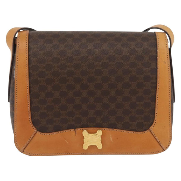 CELINE Macadam Canvas Shoulder Bag PVC Leather Brown Gold Auth BAZ855