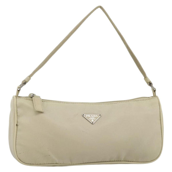 PRADA Accessory Pouch Nylon Beige Silver Auth BAZ860A