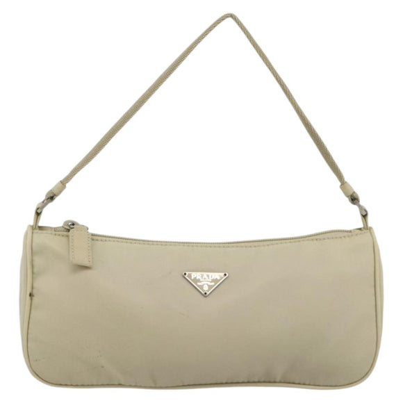 PRADA Accessory Pouch Nylon Beige Silver Auth BAZ860A
