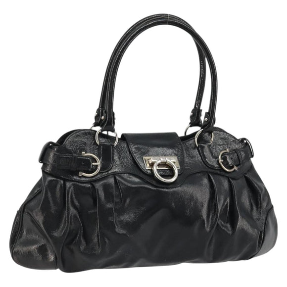 Salvatore Ferragamo Gancini Hand Bag Leather Black Gold Auth BAZ862A