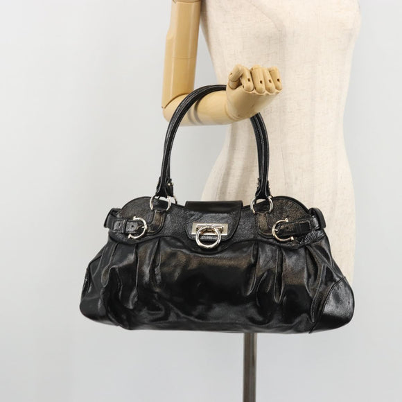 Salvatore Ferragamo Gancini Hand Bag Leather Black Gold Auth BAZ862A