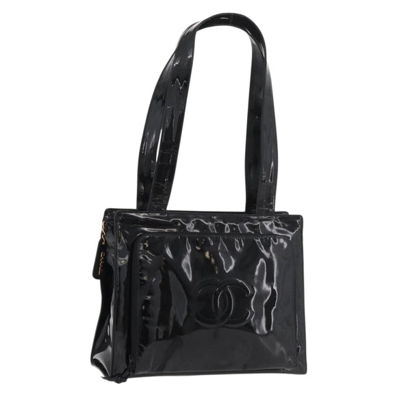 CHANEL COCO Mark Tragetasche Lackleder Schwarz Gold CC Auth BAZ868
