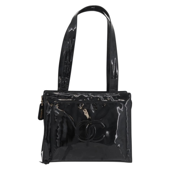 CHANEL COCO Mark Tragetasche Lackleder Schwarz Gold CC Auth BAZ868
