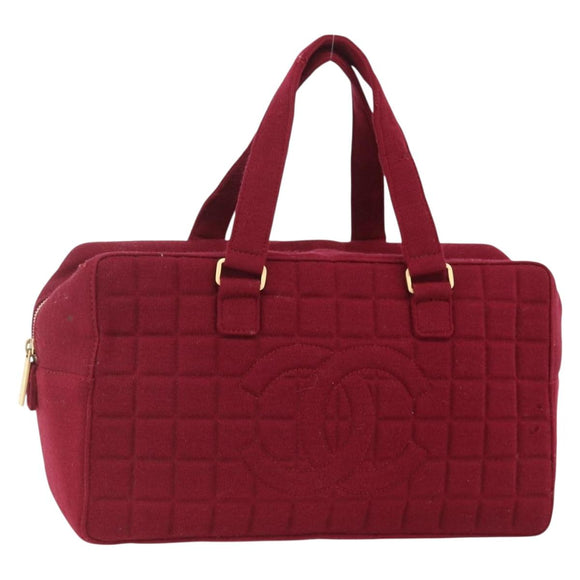 CHANEL Choco Bar Hand Bag Cotton Bordeaux Gold CC Auth BAZ870
