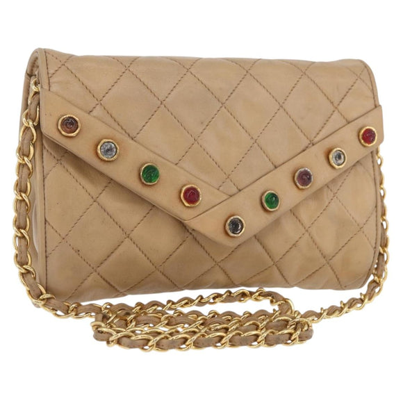 CHANEL Matelasse Chain Gripoa Shoulder Bag Lamb Skin Beige Gold CC Auth BAZ871