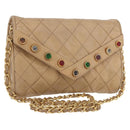 CHANEL Matelasse Chain Gripoa Shoulder Bag Lamb Skin Beige Gold CC Auth BAZ871-1