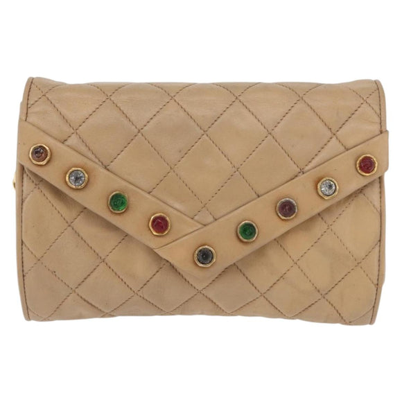 CHANEL Matelasse Chain Gripoa Shoulder Bag Lamb Skin Beige Gold CC Auth BAZ871