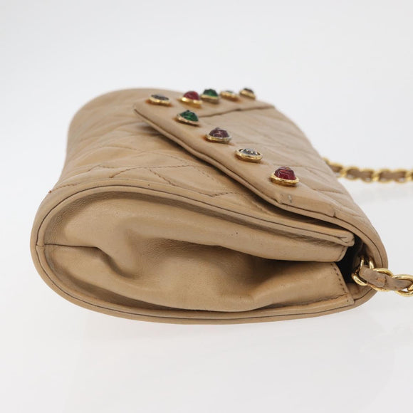 CHANEL Matelasse Chain Gripoa Shoulder Bag Lamb Skin Beige Gold CC Auth BAZ871