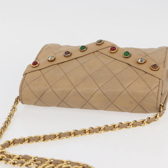 CHANEL Matelasse Chain Gripoa Shoulder Bag Lamb Skin Beige Gold CC Auth BAZ871