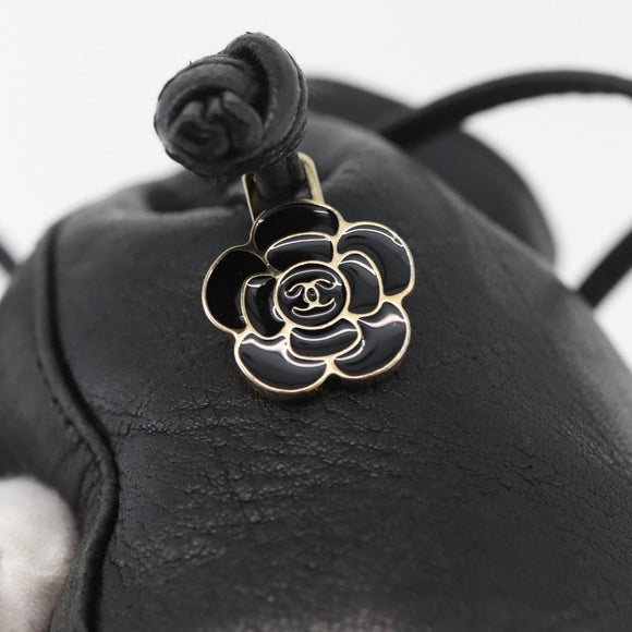 CHANEL Camellia Drawstring Pouch Lamb Skin Black Gold CC Auth BAZ879A