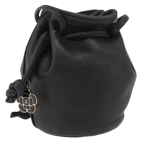 CHANEL Camellia Drawstring Pouch Lamb Skin Black Gold CC Auth BAZ879A