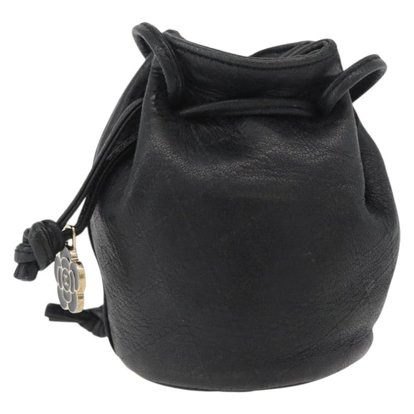 CHANEL Camellia Drawstring Pouch Lamb Skin Black Gold CC Auth BAZ879A