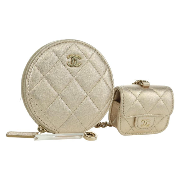 CHANEL Matelasse Air Pods Case & Coin Purse Lamb Skin Gold CC Auth BAZ881SAM