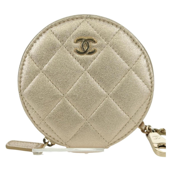 CHANEL Matelasse Air Pods Case & Coin Purse Lamb Skin Gold CC Auth BAZ881SAM