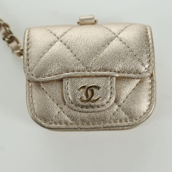 CHANEL Matelasse Air Pods Case & Coin Purse Lamb Skin Gold CC Auth BAZ881SAM