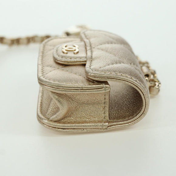 CHANEL Matelasse Air Pods Case & Coin Purse Lamb Skin Gold CC Auth BAZ881SAM