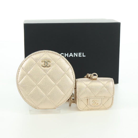 CHANEL Matelasse Air Pods Case & Coin Purse Lamb Skin Gold CC Auth BAZ881SAM