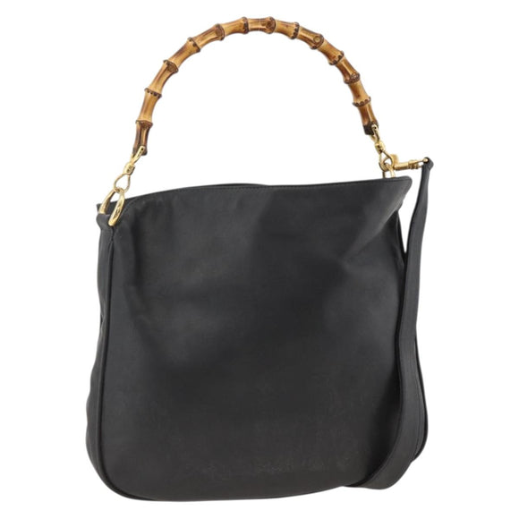 GUCCI Bamboo Shoulder Bag Leather 2way Black Gold 001 1781 1638 Auth BAZ883