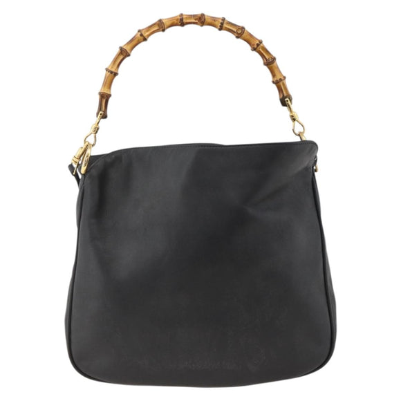 GUCCI Bamboo Shoulder Bag Leather 2way Black Gold 001 1781 1638 Auth BAZ883