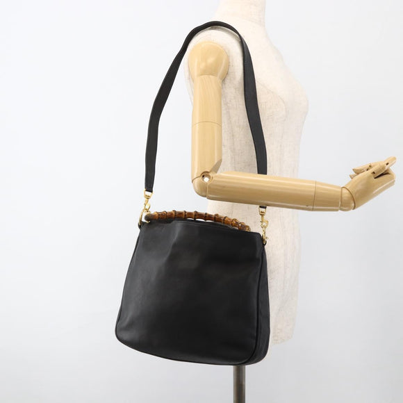 GUCCI Bamboo Shoulder Bag Leather 2way Black Gold 001 1781 1638 Auth BAZ883