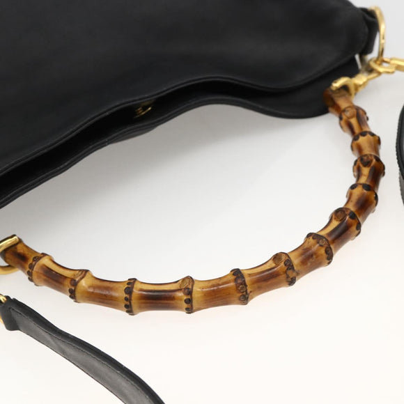 GUCCI Bamboo Shoulder Bag Leather 2way Black Gold 001 1781 1638 Auth BAZ883