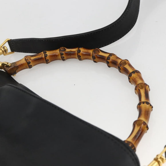 GUCCI Bamboo Shoulder Bag Leather 2way Black Gold 001 1781 1638 Auth BAZ883