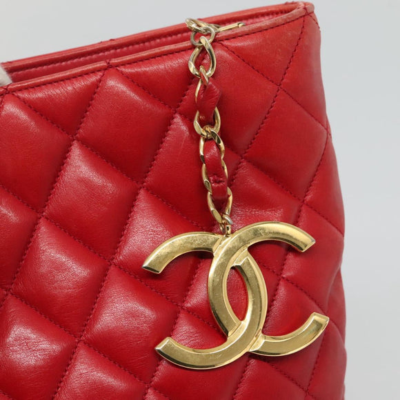 CHANEL Matelasse Hand Bag Lamb Skin Red Gold CC Auth BD051