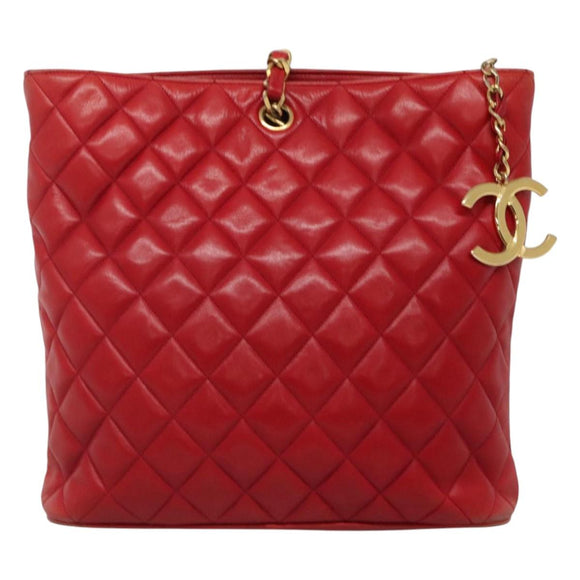 CHANEL Matelasse Hand Bag Lamb Skin Red Gold CC Auth BD051