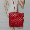 CHANEL Matelasse Hand Bag Lamb Skin Red Gold CC Auth BD051-24