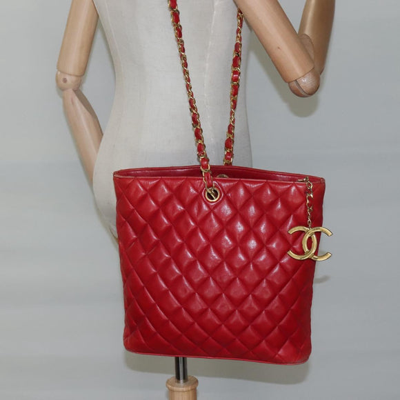 CHANEL Matelasse Hand Bag Lamb Skin Red Gold CC Auth BD051