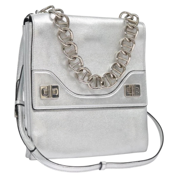 PRADA Kettenschultertasche Leder 2-Wege Silber Auth BD055AV