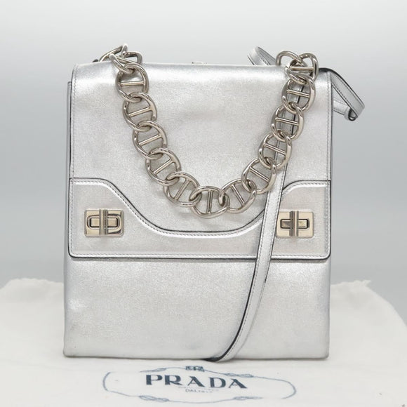 PRADA Kettenschultertasche Leder 2-Wege Silber Auth BD055AV