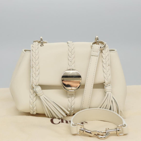 Chloe Fringe Hand Bag Leather 2way White Auth BD060AV