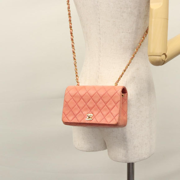 CHANEL Matelasse Chain Shoulder Bag Lamb Skin Pink Gold CC Auth BD1008