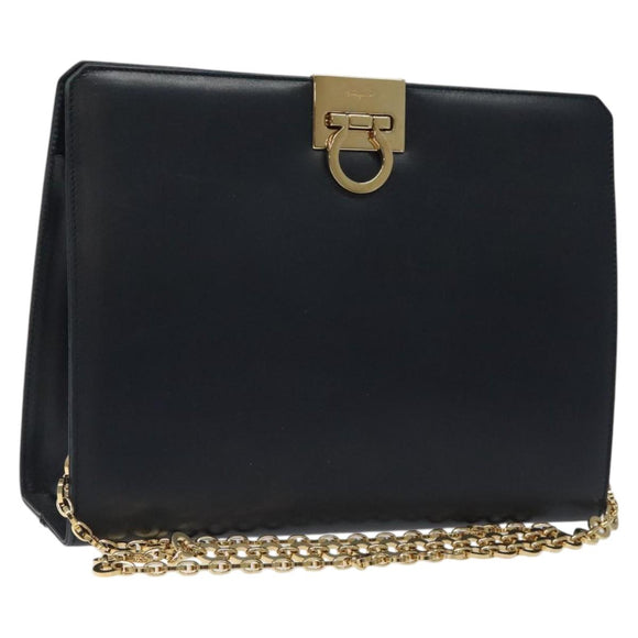 Salvatore Ferragamo Gancini Chain Shoulder Bag Leather Navy Gold Auth BD1060