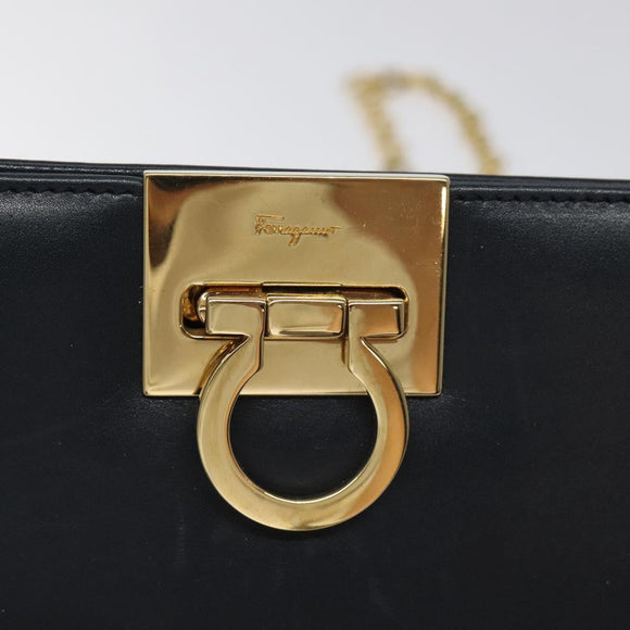 Salvatore Ferragamo Gancini Chain Shoulder Bag Leather Navy Gold Auth BD1060
