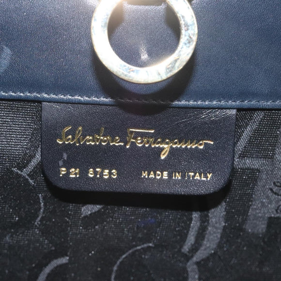 Salvatore Ferragamo Gancini Chain Shoulder Bag Leather Navy Gold Auth BD1060