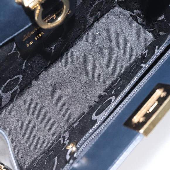 Salvatore Ferragamo Gancini Chain Shoulder Bag Leather Navy Gold Auth BD1060