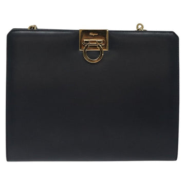 Salvatore Ferragamo Gancini Chain Shoulder Bag Leather Navy Gold Auth BD1060 - 0