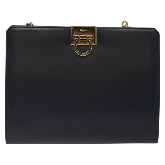 Salvatore Ferragamo Gancini Chain Shoulder Bag Leather Navy Gold Auth BD1060