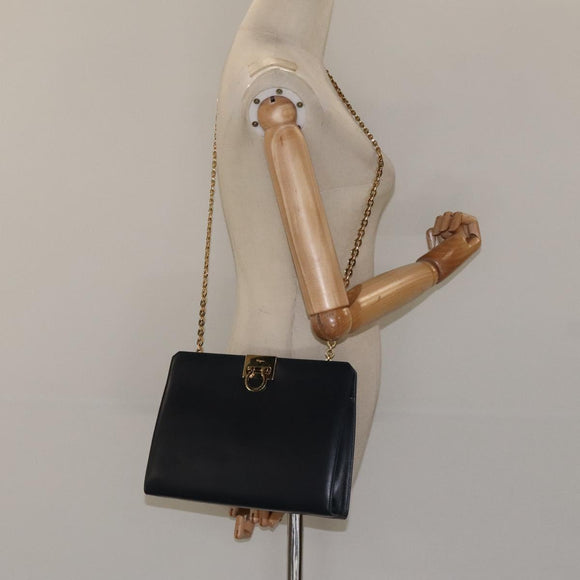 Salvatore Ferragamo Gancini Chain Shoulder Bag Leather Navy Gold Auth BD1060