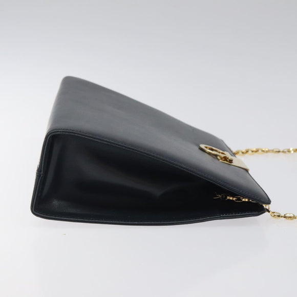 Salvatore Ferragamo Gancini Chain Shoulder Bag Leather Navy Gold Auth BD1060