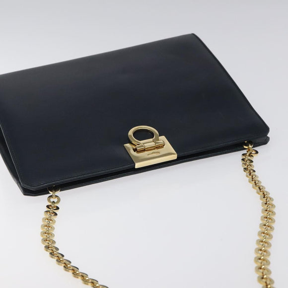 Salvatore Ferragamo Gancini Chain Shoulder Bag Leather Navy Gold Auth BD1060