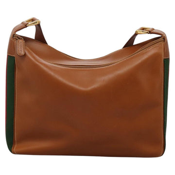 GUCCI Web Sherry Line Shoulder Bag Leather Brown Red Green Auth BD1064 - 0