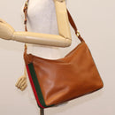 GUCCI Web Sherry Line Shoulder Bag Leather Brown Red Green Auth BD1064-25
