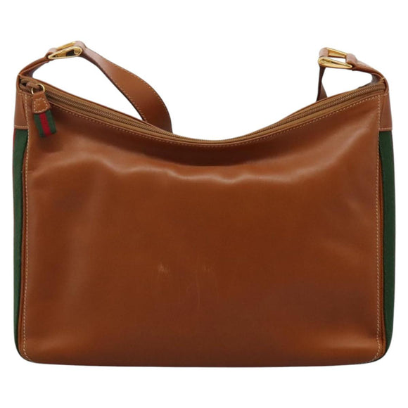 GUCCI Web Sherry Line Shoulder Bag Leather Brown Red Green Auth BD1064