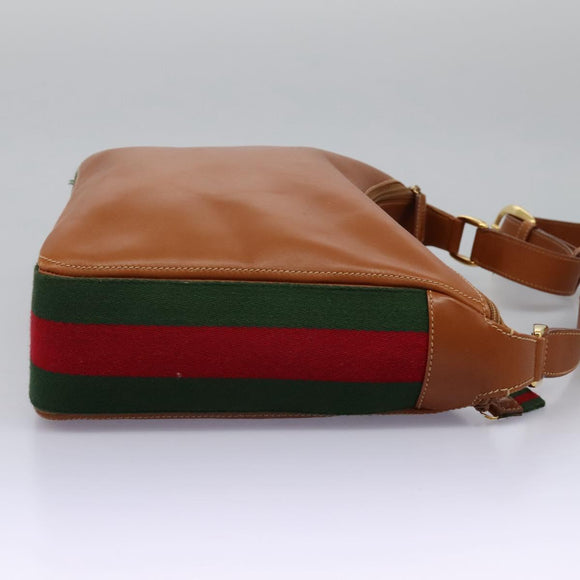 GUCCI Web Sherry Line Shoulder Bag Leather Brown Red Green Auth BD1064