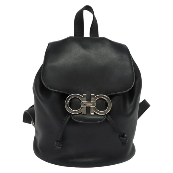 Salvatore Ferragamo Gancini Backpack Leather Black Silver Auth BD1104